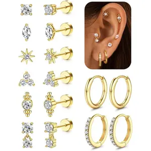 CASSIECA 20G Flat Back Earrings Cartilage Earring Sets for Multiple Piercing Surgical Stainless Steel Earrings for Women Trendy Earring Stacks Small Huggie Hoops Flatback Stud Earrings Set Ear Studs