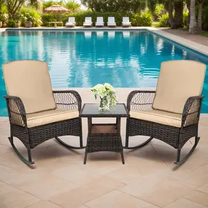 LEVELEVE 3-Piece Wicker Rattan Patio Chairs Set with Glass Table, Steel Frame, 400lbs Load Capacity & Removable Cushions, Outdoor Patio Furniture for Porch, Garden
