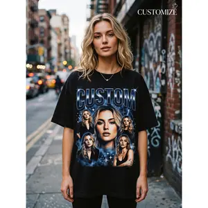 Custom Vintage Photo Graphic Print T-Shirt Personalized 90S Bootleg Rap Tee Oversized Black Short Sleeve Top Retro Face Collage DIY Unisex Streetwear Casual Apparel Gift for Men Or Women Fashion Daily