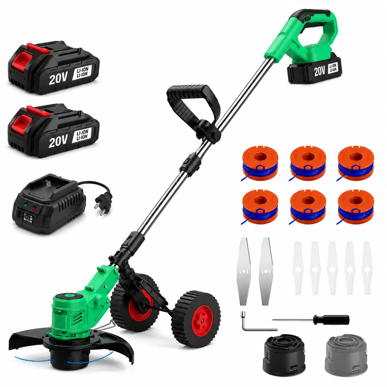 20V Cordless String Weed Trimmer & Adjustable Lawn Edger for Backyard Edging - 110-130cm/43-51in Telescopic Shaft, Wheels, 3-in-1 Cutting System with Line Spools, Plastic/Metal Blades, Fast Charger, Batteries, Garden Grass Cutter Tool