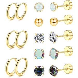 8Pairs Surgical Steel Flat Back Earrings for Sensitive Ears Hypoallergenic 20G Stainless Steel Stud Hoop Earrings for Women Men Small Opal Ball CZ Cartilage Earrings Hoop Stud Flatbackearrings Fashionable Jewelry Accessories Vvs Moissanite