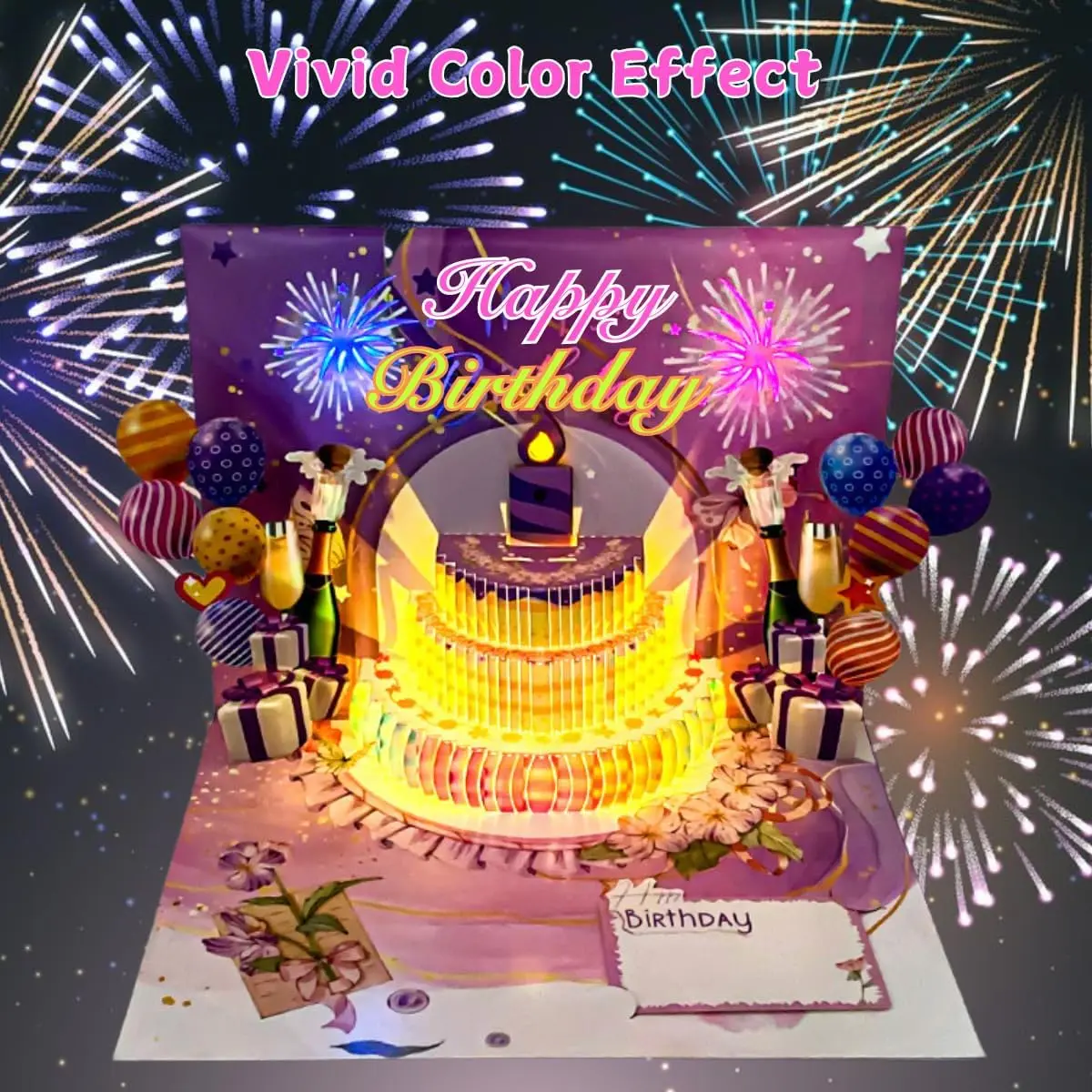 Auto Play Music Light Up 3D Pop-Up Birthday Card with Firework & Balloon Print, Blank Handwriting Greeting Card for Birthday Surprise Gift for Friends & Family