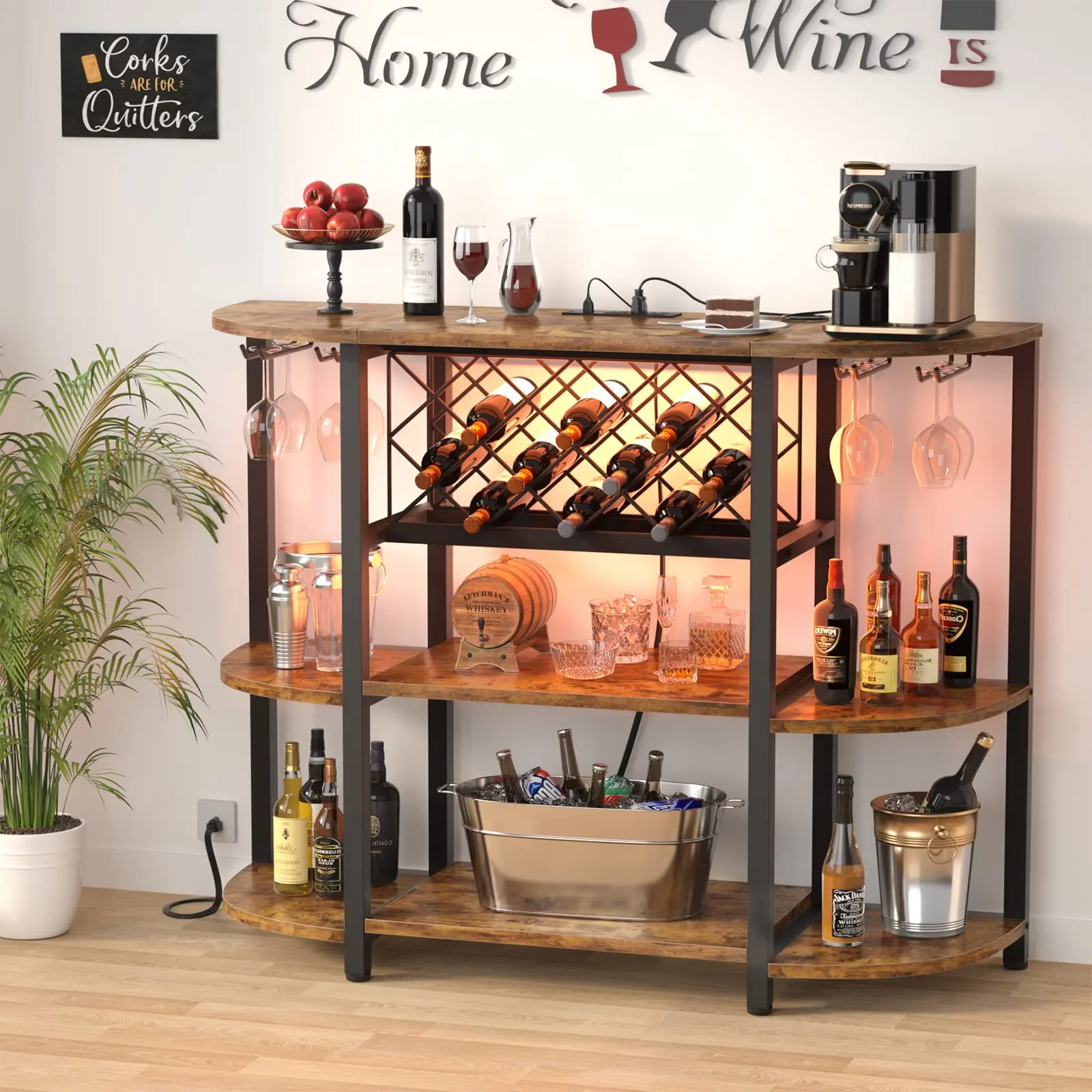 Homieasy Wine Rack Table with Socket & LED Light Adjustable Rack Floor Bar Cabinet for Liquor Glasses Wood Coffee Bar Table FreeStanding Sideboard Buffet Cabinet 200lbs Capacity Ideal For Entertaining Friends Wine Bottle Holder Bottle Shelf