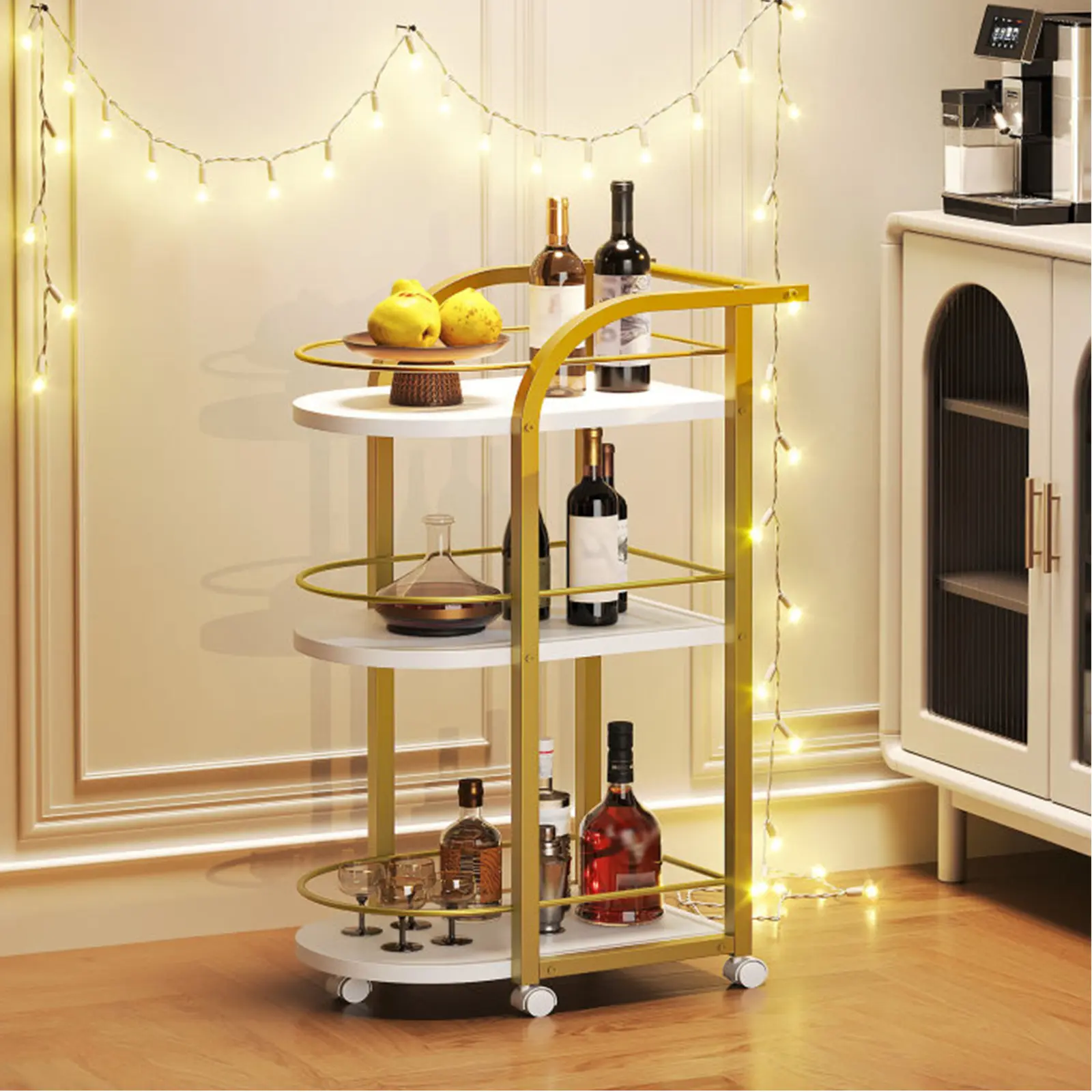 YATINEY 3-Tier Bar Cart, Modern Mobile Bar Cart, Home Bar Serving Cart with Fence and Wheels, for Dining Room, Living Room, Garden, Party, White and Gold Organiser Racks #SummerVibes#DealsforYouDays #SummerGarden