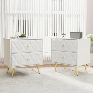 Topwin Set of 2 Modern White Nightstands with Gold Metal Legs | Carved 2-Drawer Storage Cabinets Apartment Furniture Unique Bedroom Furniture Dressers