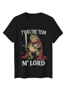 “T'WAS THE 'TISM M'LORD Funny Frog Knight Cape Sword Graphic T-Shirt | Medieval Humor Cartoon Frog Tee | Black Casual Top for Meme & Funny Fashion Fans”