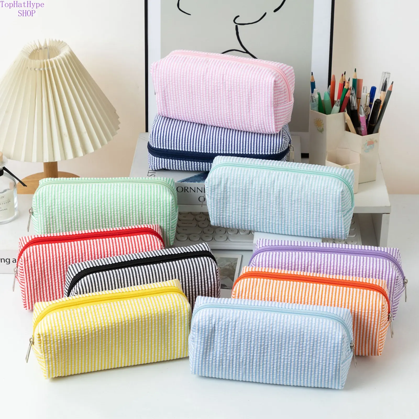 2026 New Large Capacity Seersucker Pencil Bag, Embroidered Striped Stationery Pouch for Students, Desktop Organizer & Travel Storage Bag, Portable Lightweight Zipper Bag Perfect for School, Office, Travel & Daily Essentials