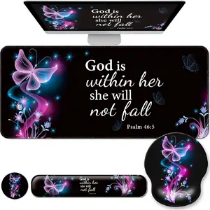 Desk Mat Set + Keyboard and Mouse Pad with Wrist Rest Support,4-in-1 Large Mousepad Computer Mats for Desktop Home & Office-Purple Butterflies