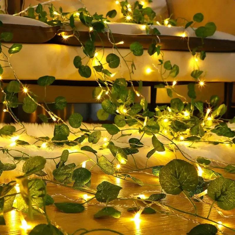 50/100 LED Lighted Vine String Lights, Ivy and Philodendron Leaf Design, Battery Powered Hanging Garland, Warm, Wedding Garden Ceiling Wall Balcony Party Decor, Led Decoration