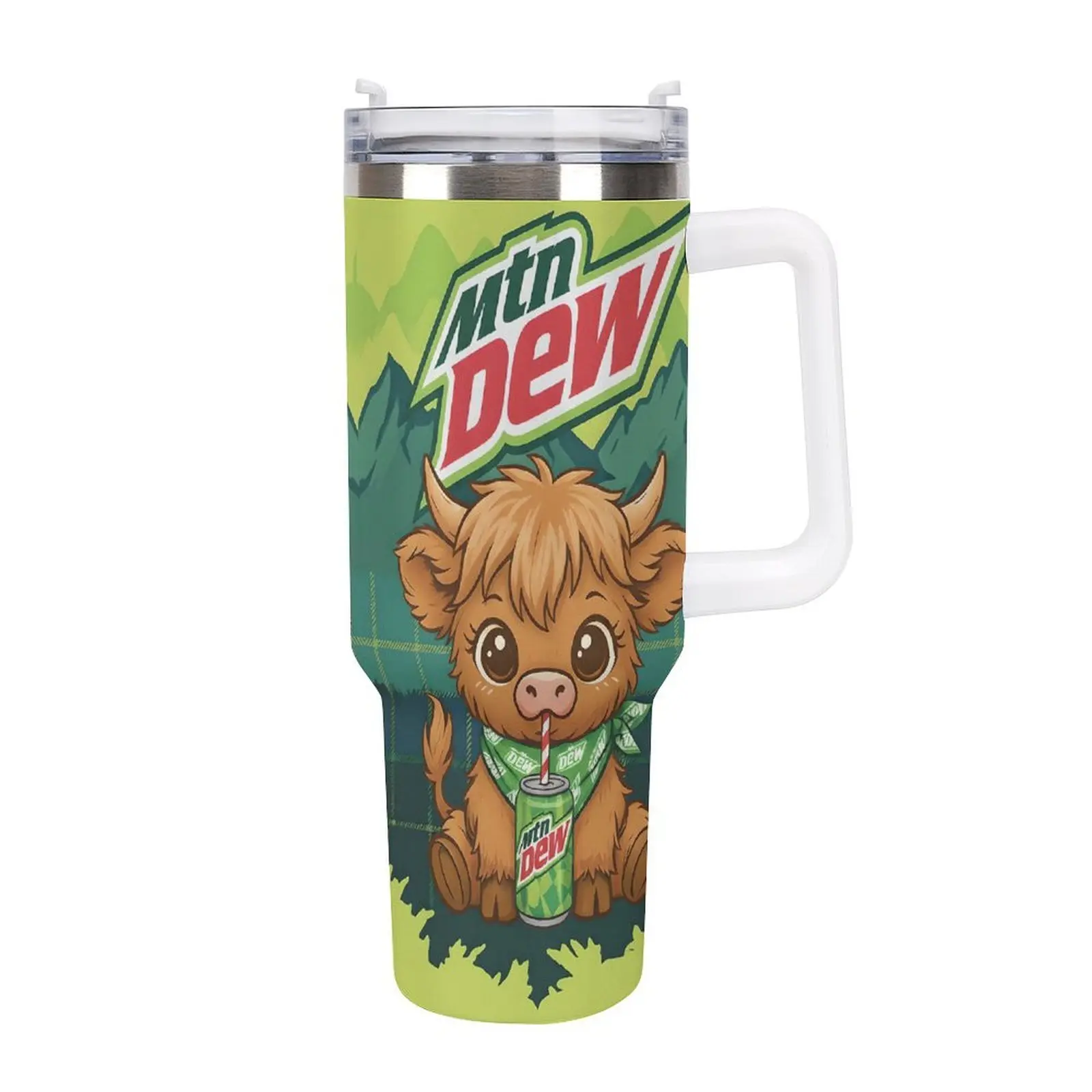 Mtn Dew Highland Cow Tumbler - 40oz Travel Mug - Cute  Cow Graphics, Mountain Landscape Design, Dew the Moo Adorable Highland Cow Mtn Dew Aesthetic 40oz Travel Cup, mother's day Perfect Gift for Soda Lovers & Farm Animal Fans, summervibes, dealsforyou