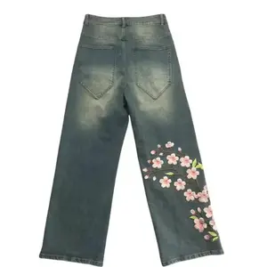 Chinese Style Blue Wide-leg Jeans Spring Slim Soft Denim High-quality Stretch Straight Floor Trousers Men Flowers Basic