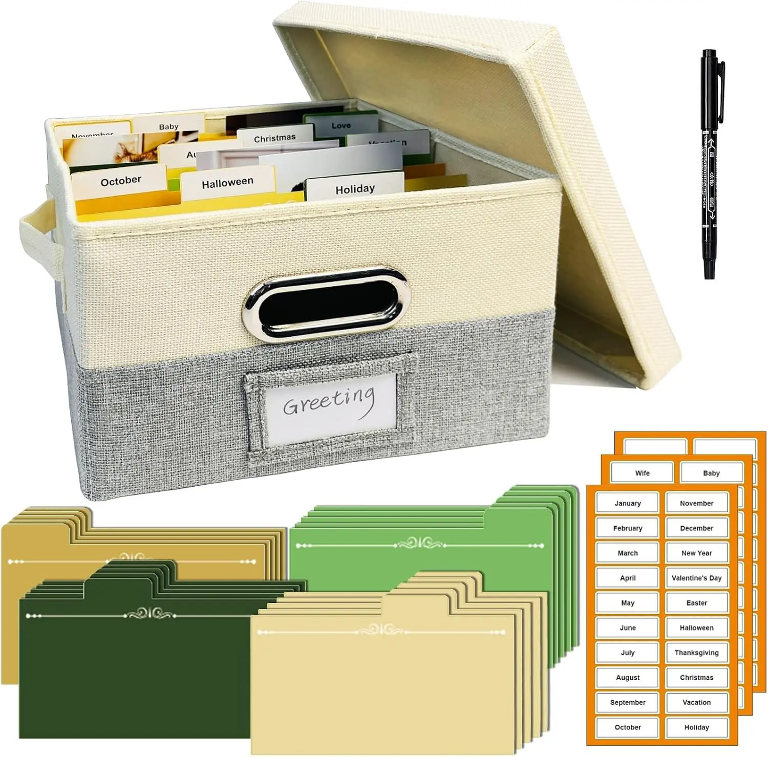 Greeting Card Organizer Box Foldable Card Storage Box with Lids 20 Removable Dividers & 84 Labels for Photos Postcards Graduation Birthday Cards Beige & Grey