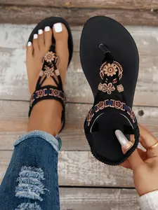 Women's Boho Floral Beaded Flat Sandals, Vintage Ethnic T-Strap Slip-Ons, Comfortable Open-Toe Summer Anklet Shoes, Casual Beach Daily Wear