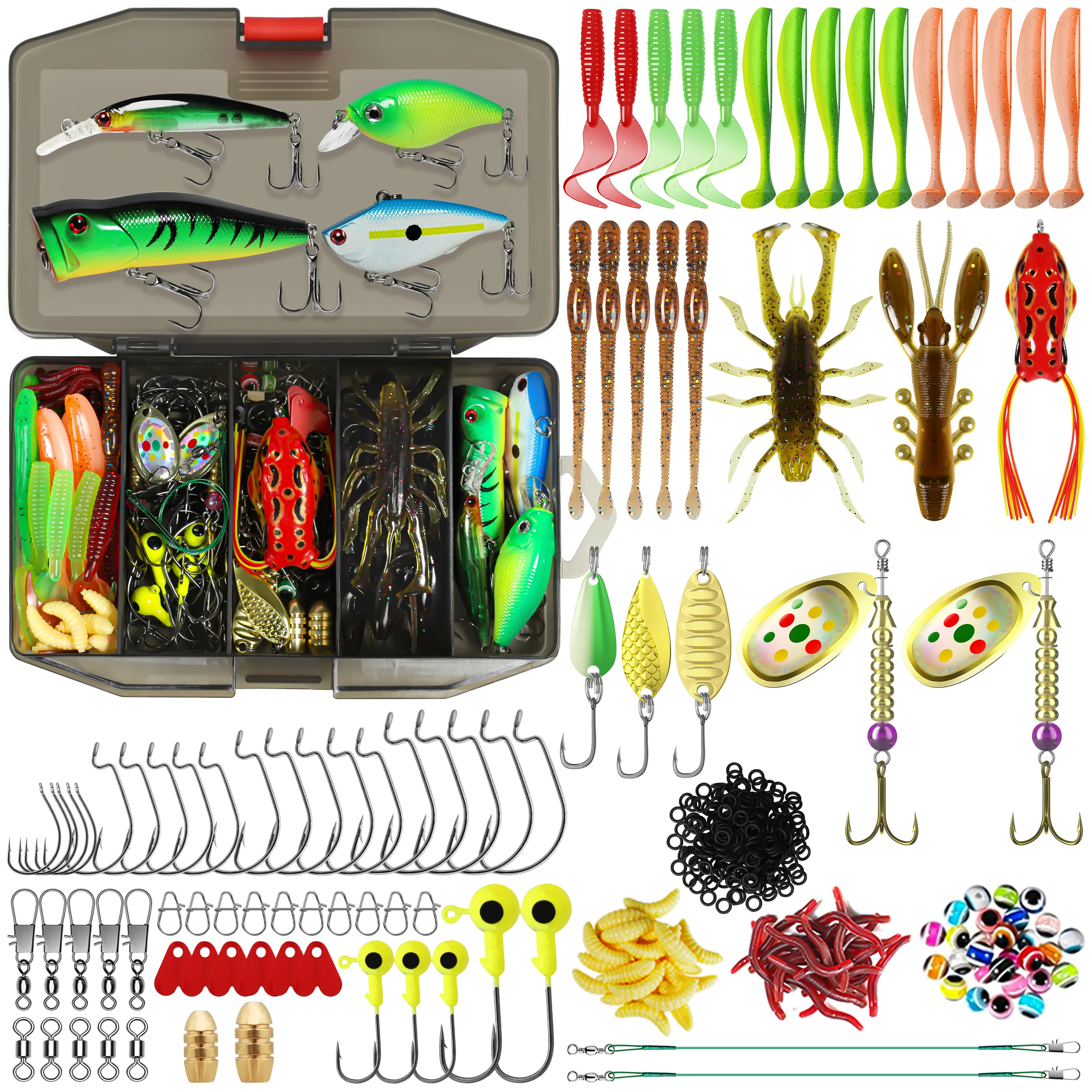 TRUSCEND Complete Fishing Lures Tackle Box Kit - Includes Crankbaits, Minnows, Frogs, Vibes, Poppers, Spinners, Spoons, Soft Baits, Hooks & Weights Accessories for Bass, Trout