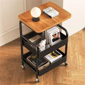 Black 3-Tier Rolling Utility Table Set - Metal Storage Cart with Wooden Top, Lockable Rotatable Wheels, Mesh Baskets, Space-Saving Organizer - Ideal for Bathroom Organizer, Storage Organization Needs