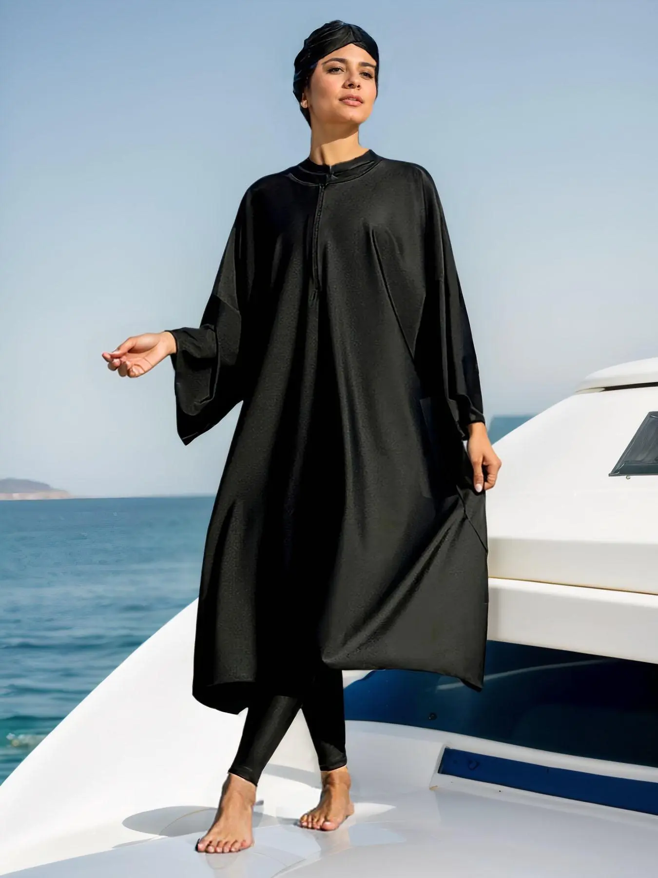 Women's Solid One-piece Swimsuit & Long Sleeve Zip Open Front Abaya & Cap Islamic Swimwear Set, Full Coverage Swimsuits, Modest Casual Swimsuit, Modest Swimming Wear, Modest Fashion Swimsuit for Beach Vacation, Muslim Ladies Swimwear for All Seasons