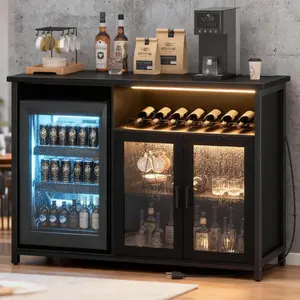 Black Wine & Coffee Bar Cabinet with Mini Fridge Space, Storage Rack, Sideboard Buffet Table for Kitchen, Dining Room, Home Bar