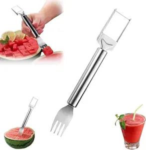2-in-1 Stainless Steel Fruit Cutter, Watermelon Fork Slicer Tool, Watermelon Slicer and Fork, Dual Head Knife with Round Handle for Kitchen Fruit Cubes (1Pcs)