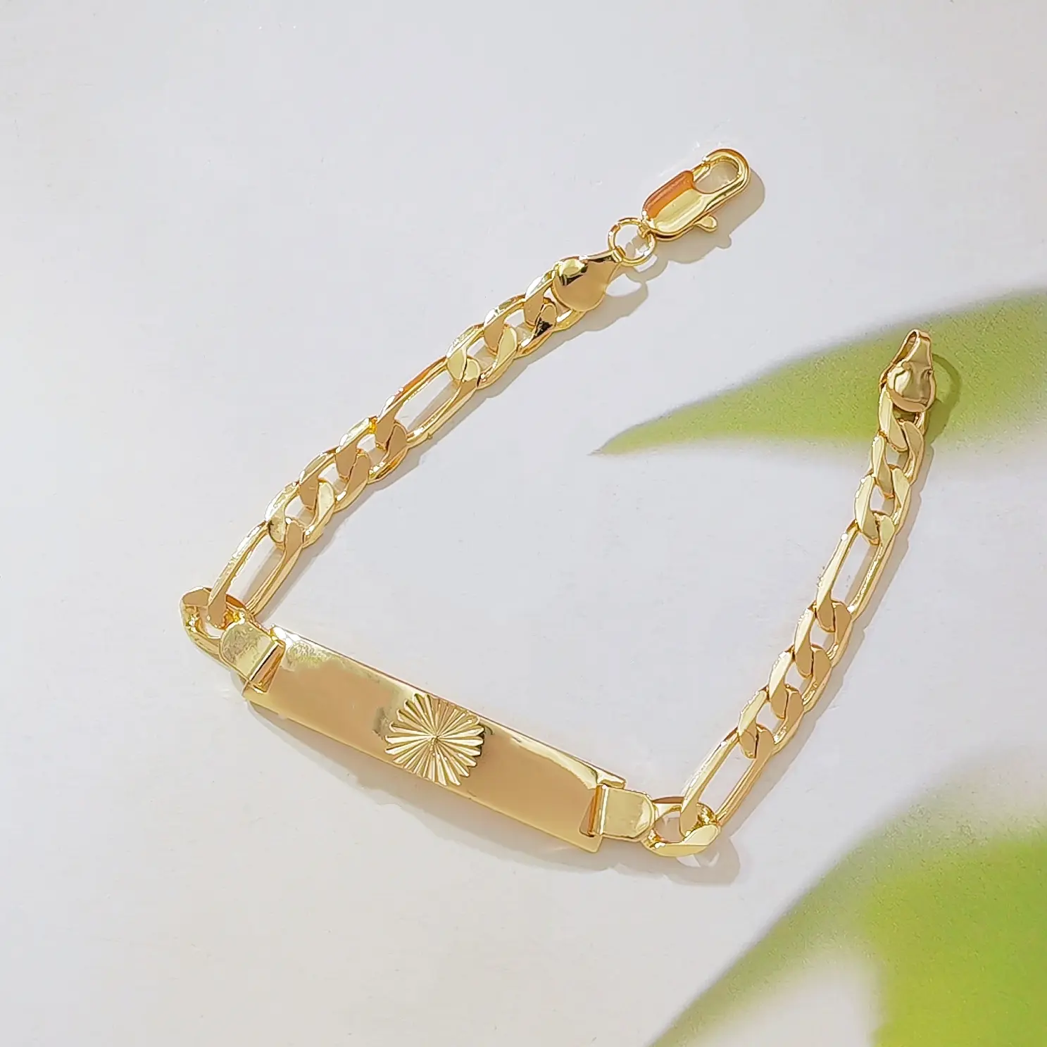 14K Gold Plated Figaro Chain ID Bracelet for Women, Sunburst Engraved Bar Bracelet, Dainty Cuban Link Chain, Personalized Minimalist Gold Jewelry Gift