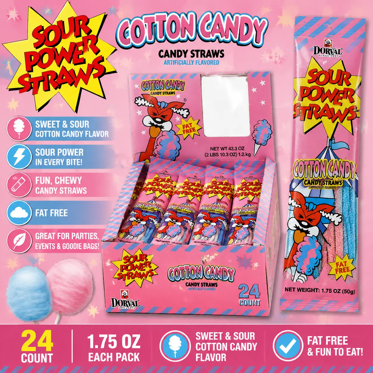 Sour Power Cotton Candy Straws 1.75 oz 24 Count  Sweet & Sour Chewy Candy Straws | Fun Party Treats & Snack Packs