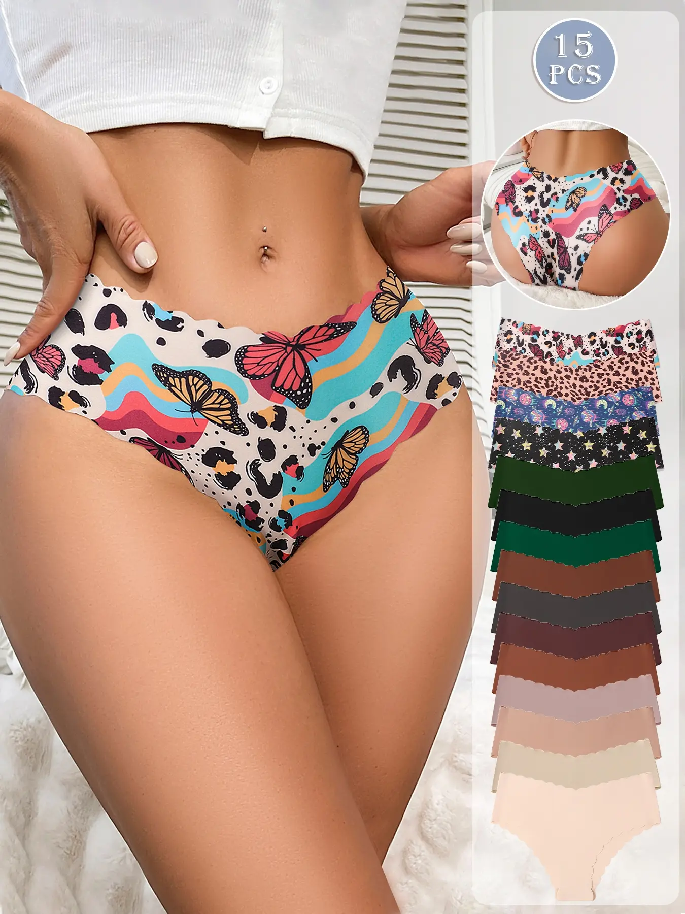 5/6/15 Pack Low Waist Women's Briefs, Wave Edge Scallop Design, Soft Comfort, Elegant Soft Panties, Solid and Printed, Sexy Slim-Fitting Underwear for All Seasons Womenswear Fitted Panties