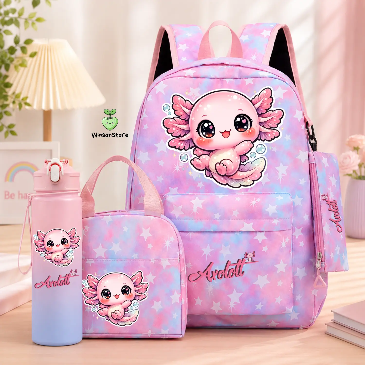 Axolotl 4PCS Backpack Set for Girls – School Bag, Lunch Bag, Pencil Case & Water Bottle