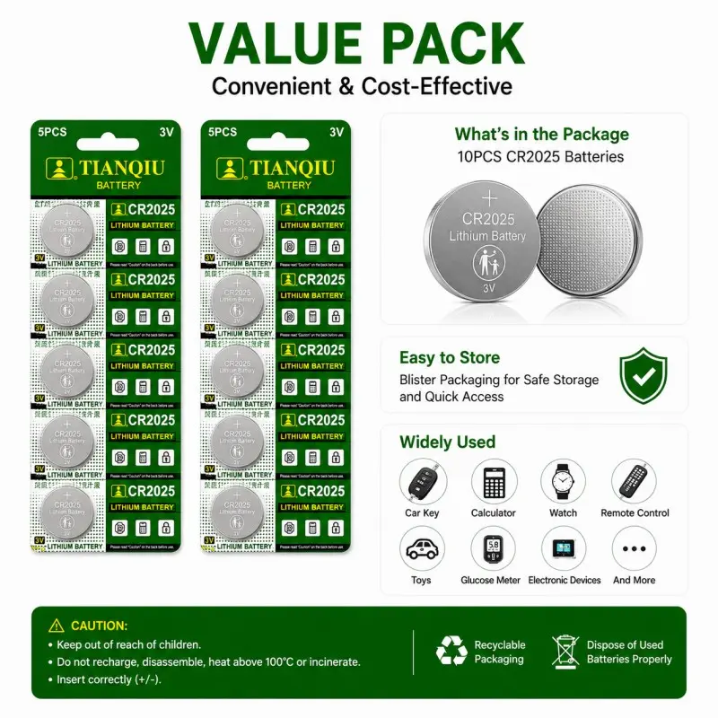 TIANQIU CR2025 3V Lithium Coin Batteries - 10-Pack Lithium Cells for Buttons, Remotes, Packaged in 2 Blister Cards, Button