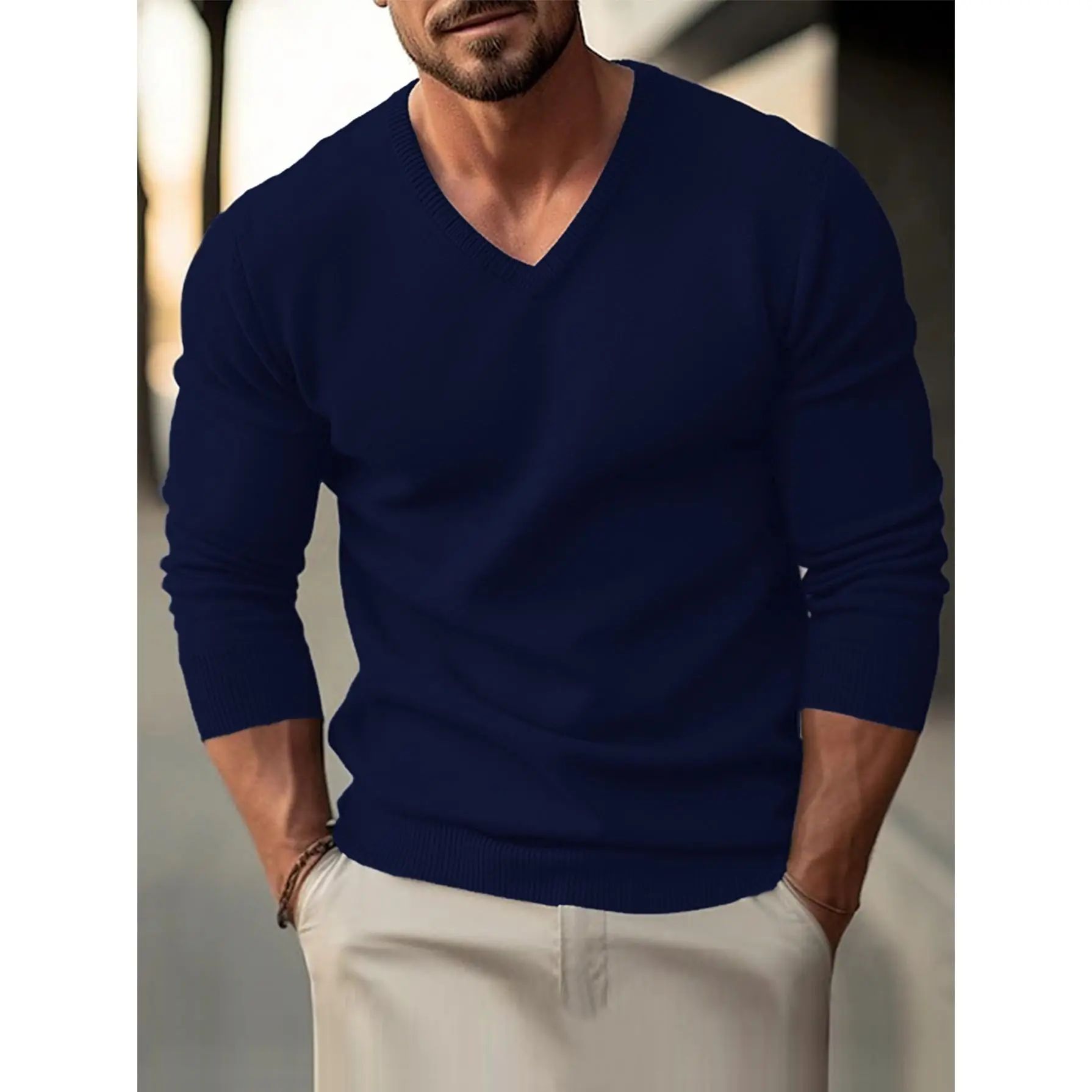 Men’s Plain Solid V-Neck Ribbed Knitted Sweater - Long Sleeve Elastic Hem Regular Fit Layering Pullover, Elegant Business Casual Basic Tops for Fall Winter, Sizes S-XXL, Stylish