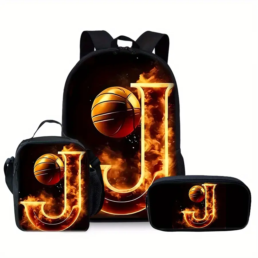 Fire Basketball Initial J 3PCS Athletic Backpack Set with Lunchbox & Pencil Case, Durable 600D Oxford Cloth, Adjustable Breathable Straps, 15in Laptop Fit, Sporty Chic Back to School Haul for Kids First Day of School, And Lunchbox Set Backpacks, Unisex, F
