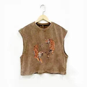 Men Women Cotton Breathable Sleeveless Vest Top, Loose Fit Round Neck Design, Fashionable Tiger Print Street Style Tee, Loose Tank Top, All-Season Wear