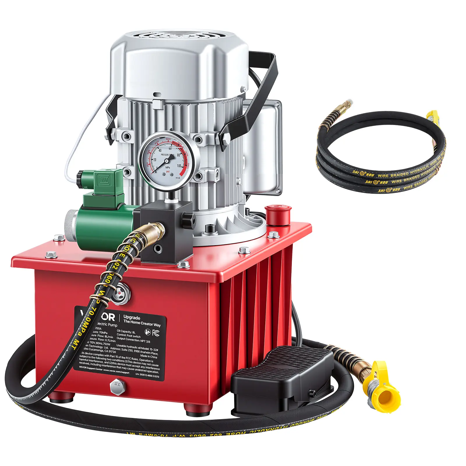 VEVOR 750W 10000 PSI Electric Hydraulic Pump Power Pack Unit, 120V Single Acting with Solenoid Valve, Pedal Switch for Easy Hands-Free Control, 2.1 Gal/8L Tank, 8 L/min Flow, 8.2 ft Hose Reach, NPT Port, Metal Housing for Industrial Use Cutting Lifting