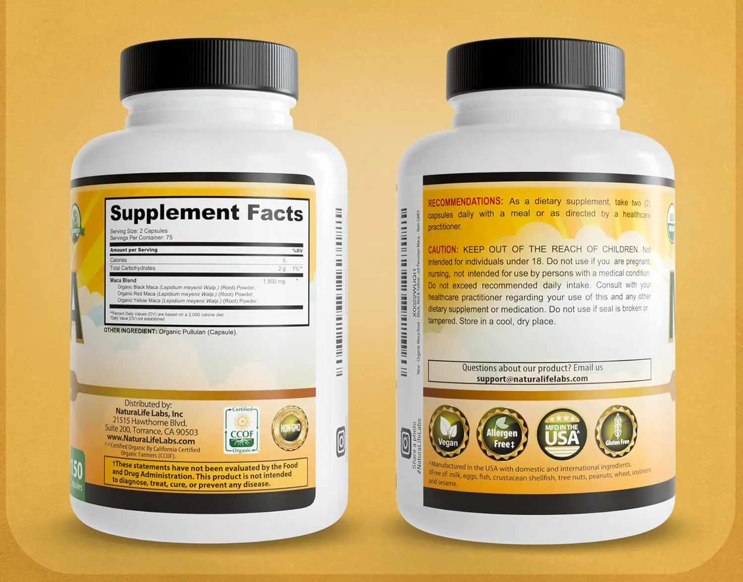 NaturaLife Labs Organic Maca Root – Black, Red & Yellow – 1900 mg per Serving – 150 Capsules – Gelatinized Peruvian Maca – Non-GMO, Gluten-Free, Vegan