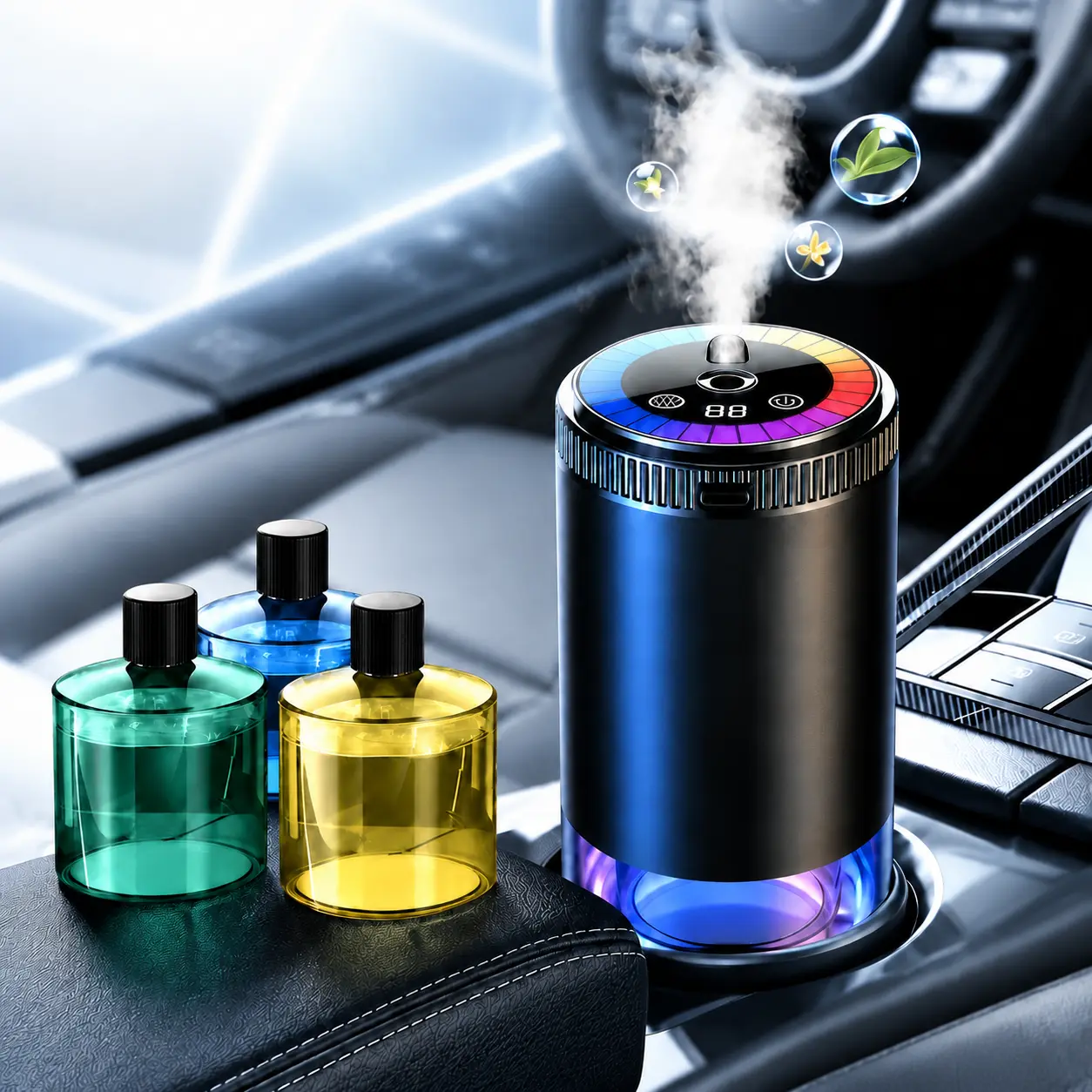 Smart car fragrance diffuser, perfect for Father’s Day gifts, birthdays, anniversaries, girlfriends/boyfriends, etc. The starry atmosphere light turns on automatically, car air freshener with 5 adjustable mist levels, ideal gift for car enthusiasts