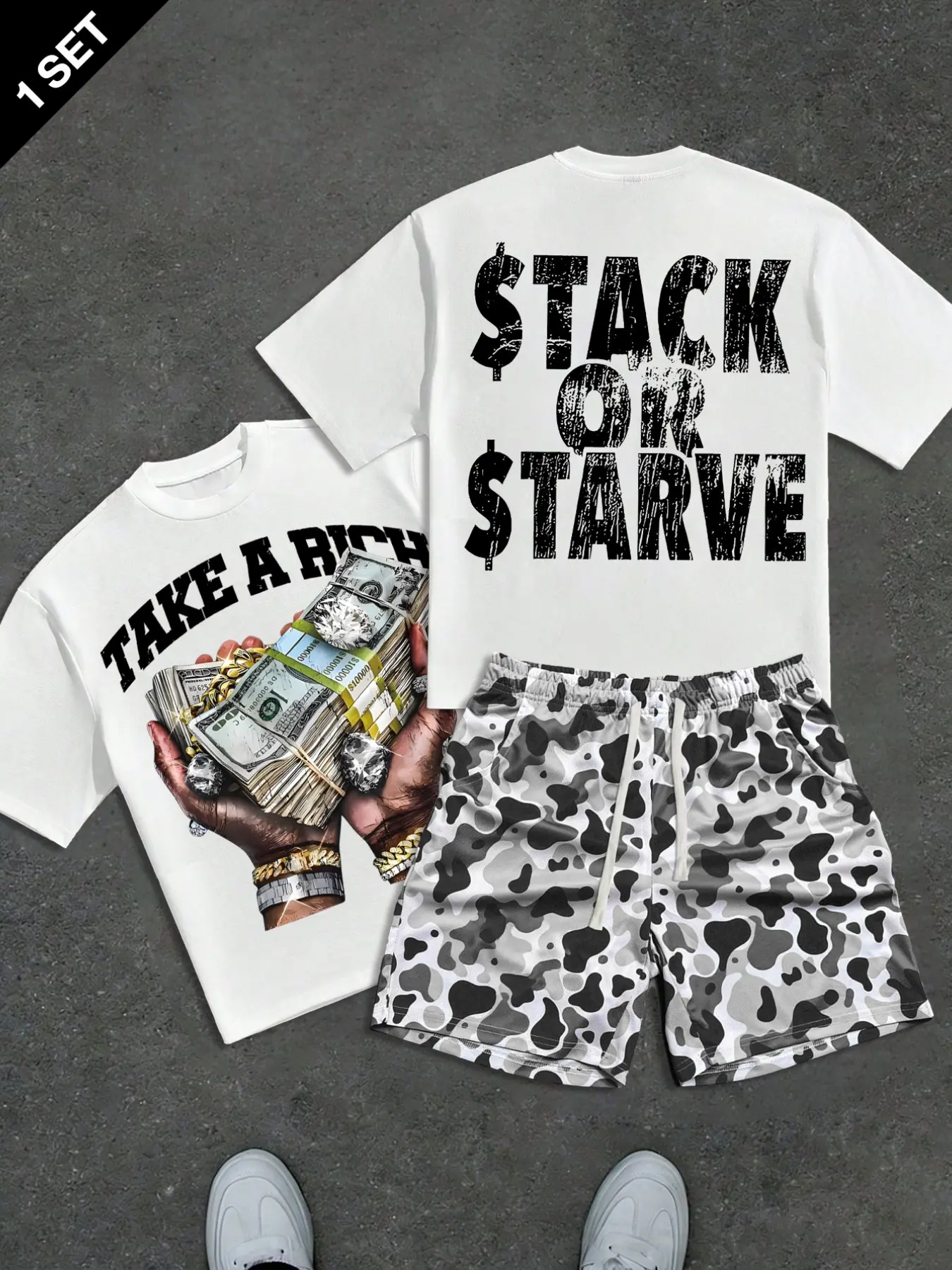 Men's suit with fun cartoon print, Fashion, Round Neck, Y2K camouflage all-over print shorts, a summer vacation essential, suitable for both home and outings, made of breathable mesh fabric, a top choice for holiday gifts.