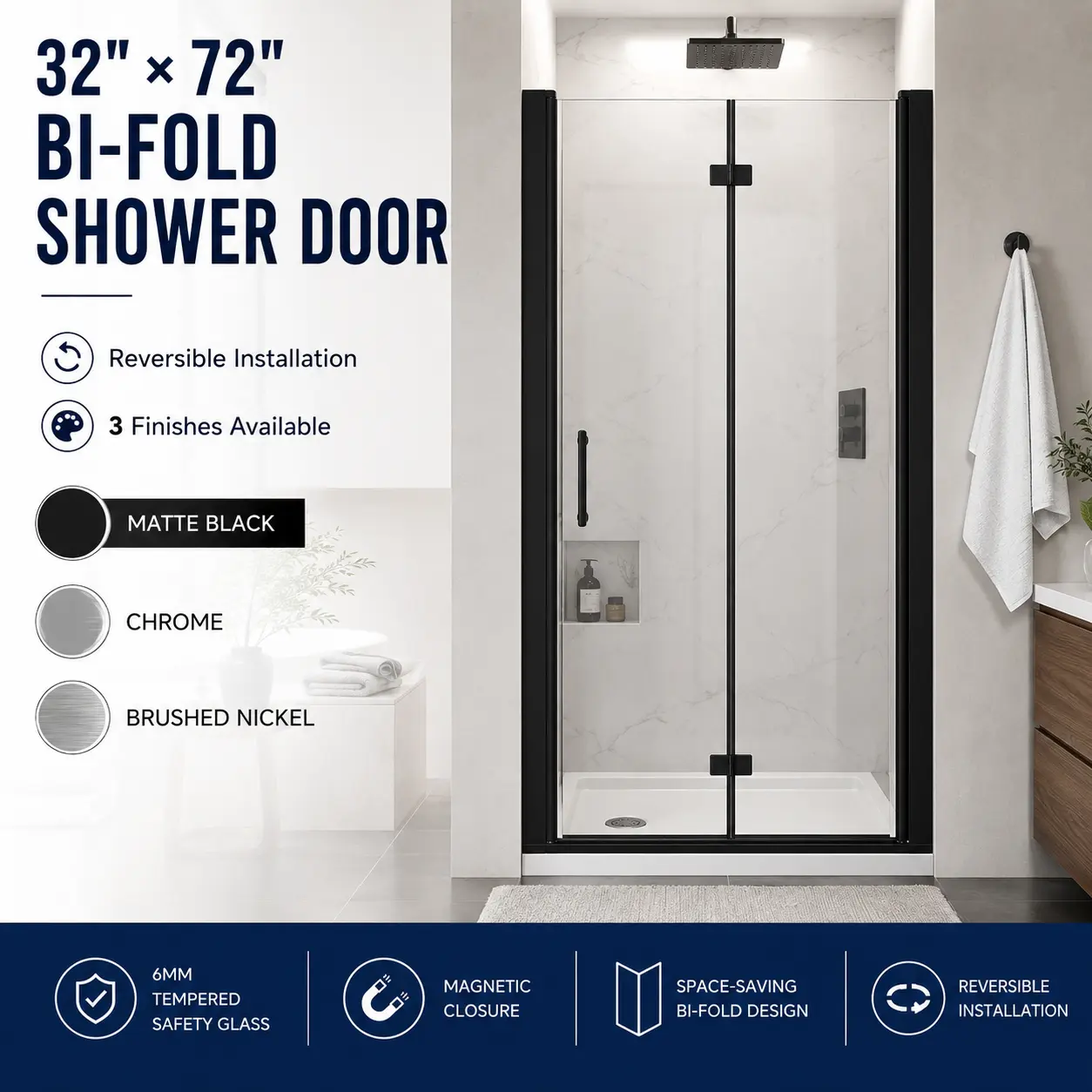32"x72" Bifold Shower Door Enclosure, 6mm Tempered Glass with Explosion-Proof Film, Reversible Folding, Aluminum Frame, Space-Saving Bathroom Fixture, Keeps Bathroom Floor Clean and Dry