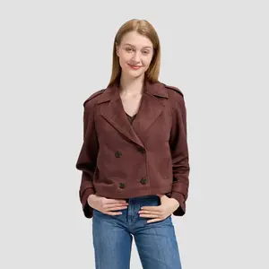 Women's Faux Suede Cropped Trench Coat - Universal Thread Brown L