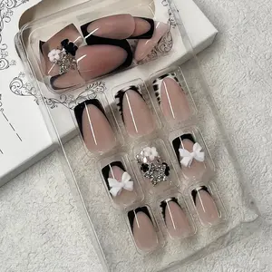 Stick-On Nails for Women – 24 Pc Short Square with Zebra, Bow Charms & Rhinestones