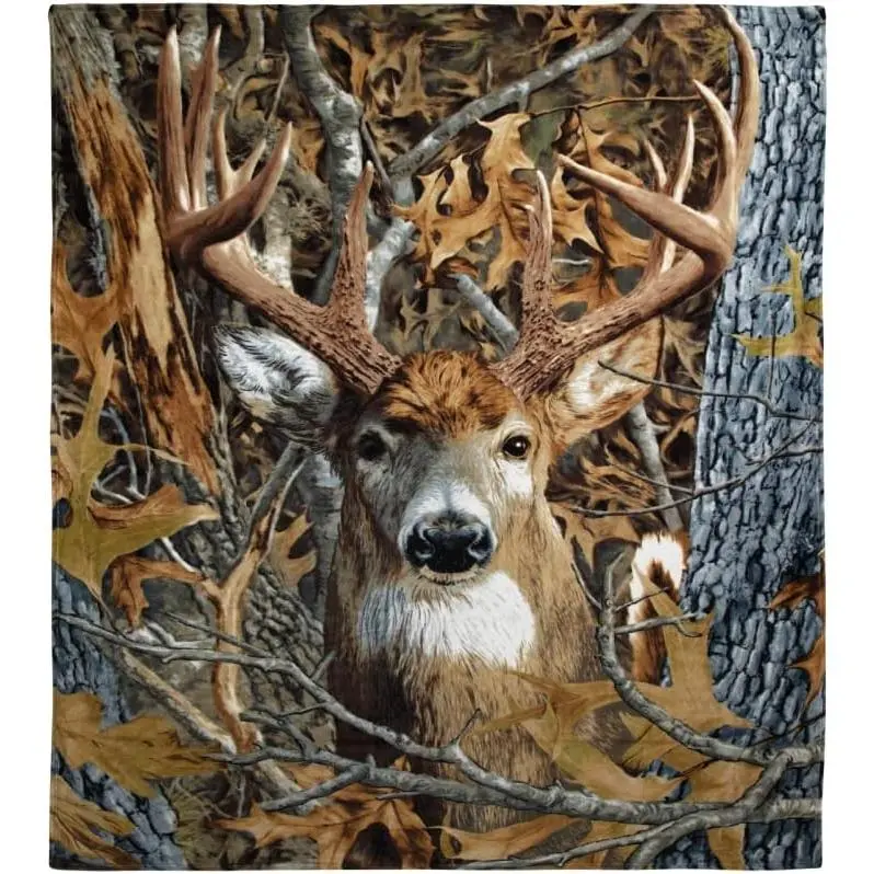 Buck Deer Super Soft Fleece Blanket - 60"x80" Queen Size, Wrinkle Resistant Woodland Plush Blanket for Bed, Christmas & Thanksgiving Gift for Grandparents
