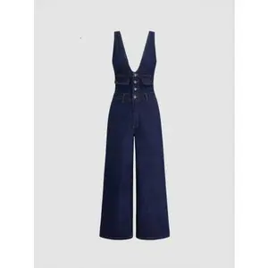 Cider Denim V-neck Button Pocket Wide Leg Jumpsuit