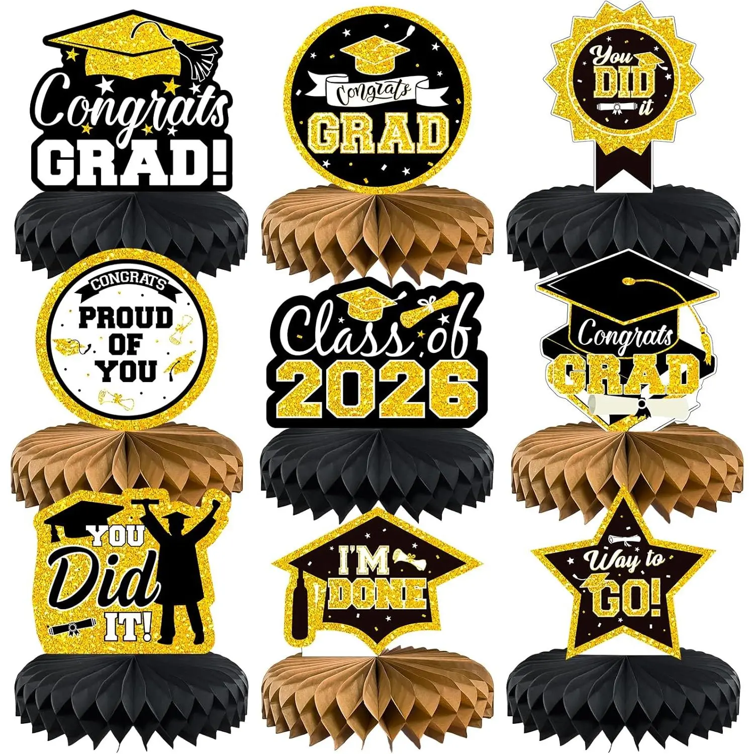 9-Count Class of 2026 Paper Graduation Honeycomb Table Centerpieces - Black Synthetic Grad Props with Black, Purple, Green Gold, Stars, Modern Multi-Color Stickers, Photo-Worthy Grad Celebration Party Decor Supplies, Black Gold, Purple Gold