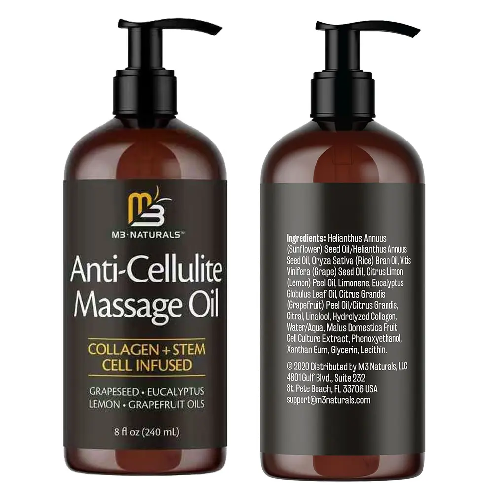M3 Naturals Anti Cellulite Massage Oil 8oz - Smooth the Appearance of Cellulite - Body Care & Skin Care Massage Oil - Topical Collagen and Plant Stem Cell Body Oil to Restore Texture and Elasticity - Soothing Body Oil Moisture Hydrating