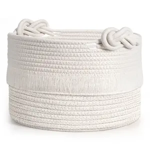 Sowyem Small Woven Storage Baskets Cotton and White Rope Decorative Hamper for Diaper, Blankets, Magazine and Keys, Cute Tassel Nursery Decor - Home Storage Container – 9.5'' x 7''
