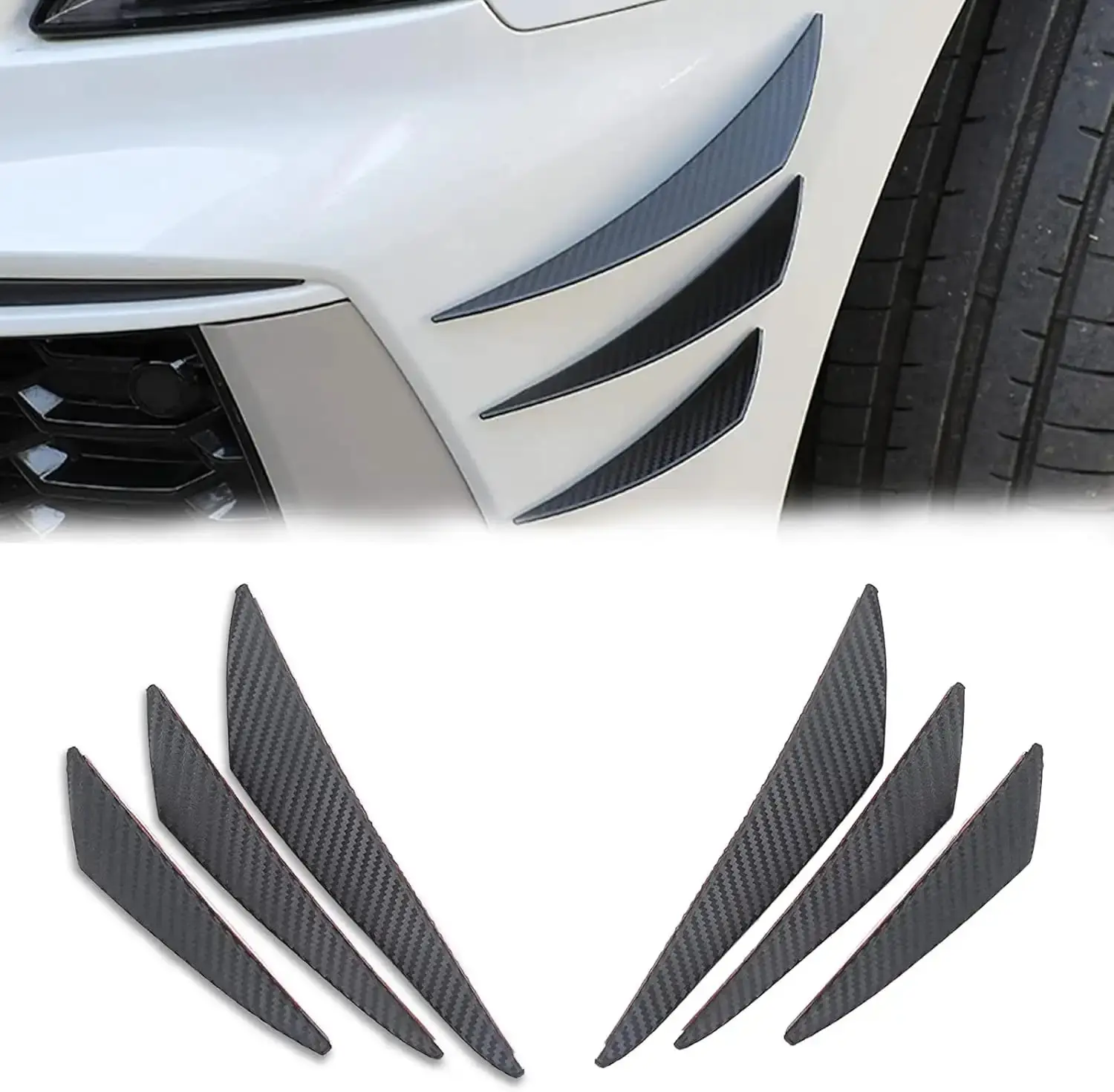 6-Pcs Universal Fit Black Carbon Fiber Car Spoiler Canards Full Set - Auto Front Bumper Split Lip, Soft Rubber Exterior Anti-Collision Diffuser Decorative Stickers