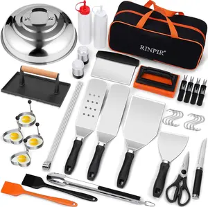 42pcs Griddle Accessories Kit for Blackstone, Flat Top Teppanyaki Spatula Set with Enlarged Spatulas, Melting Dome and Burger Press, Professional Hibachi Tools Gifts for Outdoor BBQ Kitchen Metal Grill Stainless Steel Utensils