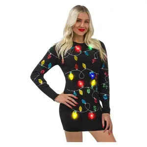 Giggling Getup Women Black Long Christmas Sweater Dress with Colorful Light Up Bulbs
