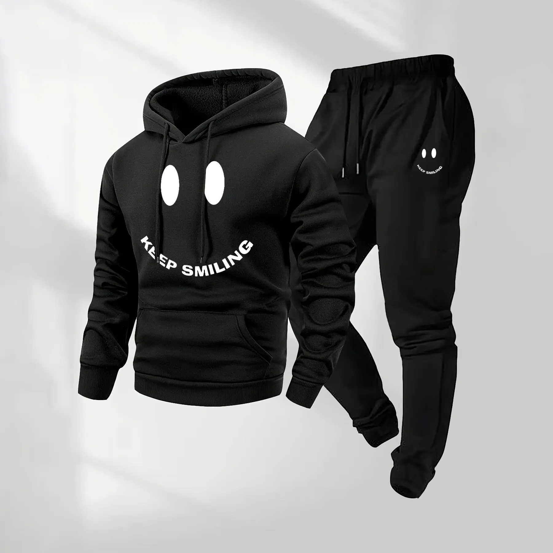 Men's Keep Smiling Pattern Print Hoodie and Drawstring Sweatpants Set, Menswear, Casual Athletic Long Sleeve Hooded Jacket & Trousers for Fall & Winter, Men's Clothing for Daily Wear, Sportswear Indoor Outdoor, Tracksuit, Athleisure