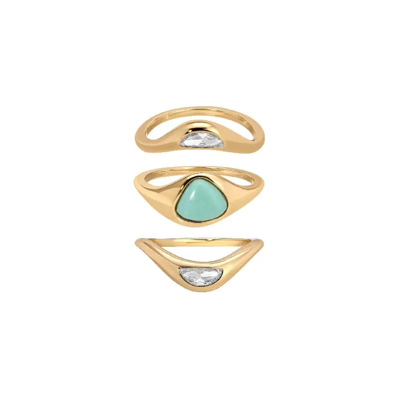 Ettika Turquoise Solstice Ring Stack - Plated Reconstituted Turquoise Gemstone Jewelry Set Solitaire Stackable Rings