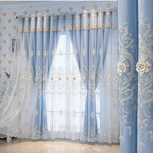 1pc European Style Home Decoration Curtain, Dual Layered Net Design, Thickened No Embroidery Plain Color Full Sun Blocking Floor-Length Curtains, Blackout Window Cover
