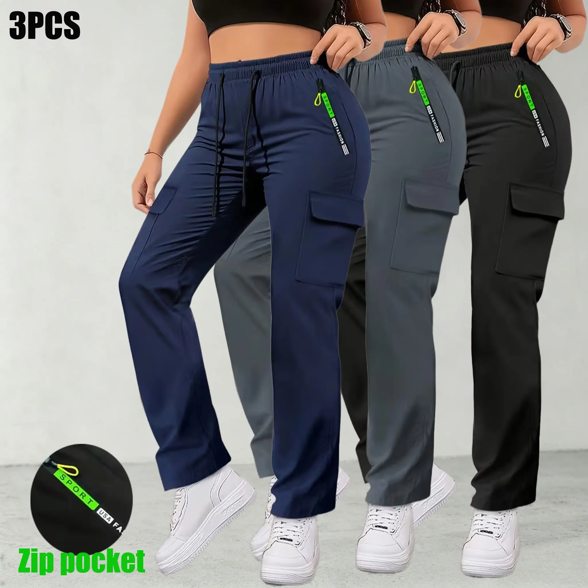 Women’s spring/autumn cargo pants with zippered pockets, stylish large pocket design paired with an elastic waistband, casual outdoor/daily wear slim-fit long pants Womenswear Fashion Ladies womens work travel