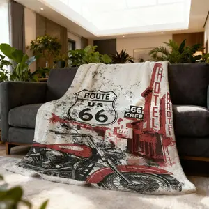 1pc Route 66 Throw Blanket - Vintage US 66 Map Design with Distressed Red & White Print - Soft Cozy Lightweight Bedspread for Couch, Sofa, Bed - Retro Road Trip Gift for Christmas, Easter, for Decor